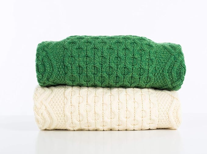 SAOL Honeycomb and Cable Knit Patterns 100% Irish Merino Wool Aran Throw/Blanket 60 x 40 inches (Green)