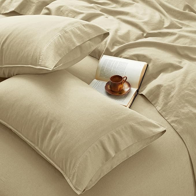 3Pcs Organic Linen Sheets Twin Size, 100% French Linen from Normandy, Breathable Linen Yellow Twin Sheet Set with 16 Inch Deep Pocket, 1 Flat Sheet, 1 Fitted Sheet, 1 Pillowcases