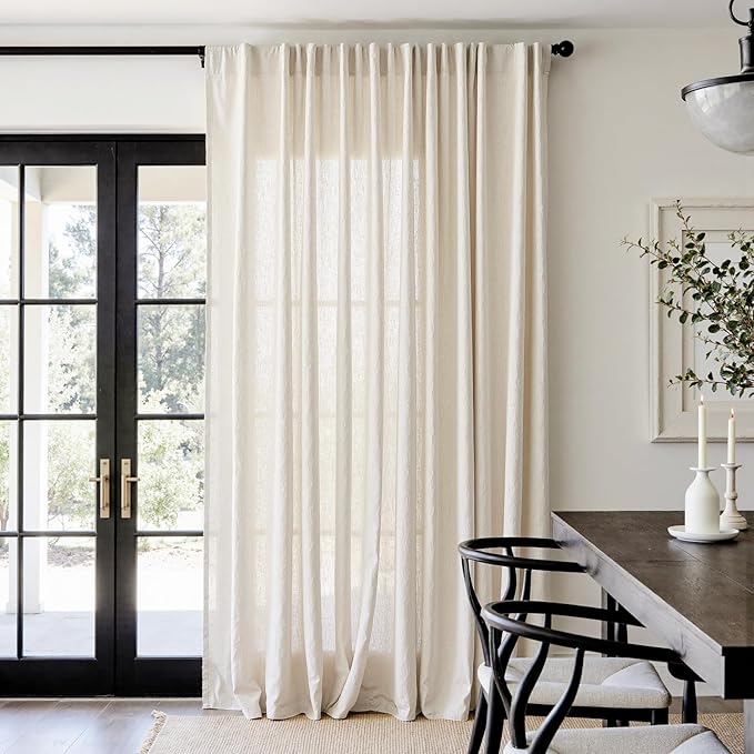 jinchan Extra Wide Sliding Door Curtain 96 Inch Length Natural Linen Curtains Semi Sheer Drapes for Patio Door Living Room Bedroom Home Office Light Filtering Beige Drapes 100 Inches Wide 1 Panel