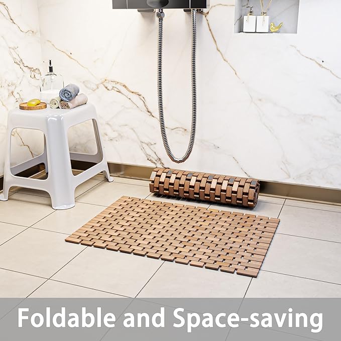 23.62"x 15.75" Teak Wood Bath Mat, Foldable Non-Slip Shower Mat for Bathroom, Quick-Dry Floor Mat for Bathtub, Spa, Sauna, Outdoor