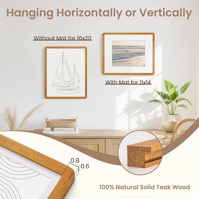 Fun Memories 16x20 Picture Frame - Solid Teak Wood Poster Frame, Handcrafted Rounded Corner 16 x 20 Wooden Frames Matted to 11x14 Photos, Horizontal or Vertical Wall Mounting, Natural Teak