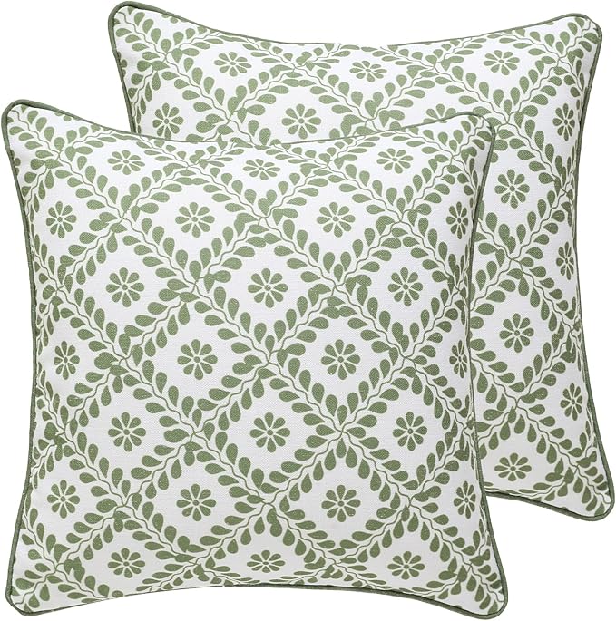 ISAENNE Design Fresh Linen Square Throw Pillow Covers 18"x18" Pack of 2, French White Cottage Cushion Covers with Green Branches Pattern Decoration Pillowcases for Bed,Living Room,Outdoor,Car