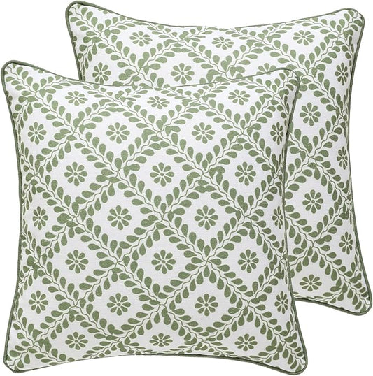 ISAENNE Design Fresh Linen Square Throw Pillow Covers 18"x18" Pack of 2, French White Cottage Cushion Covers with Green Branches Pattern Decoration Pillowcases for Bed,Living Room,Outdoor,Car