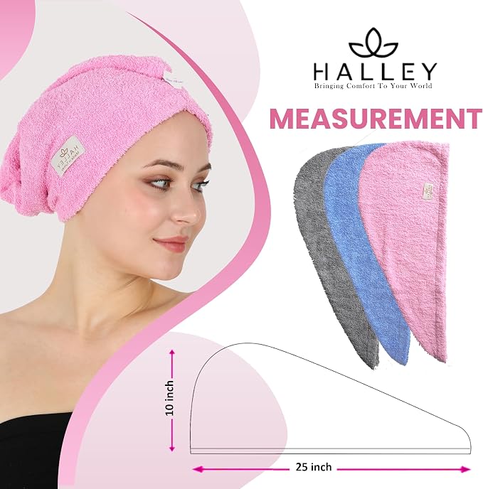 HALLEY Cotton Hair Towel Wrap (3 Packs) Super Absorbent Fast Drying Hair Towel for Thick Hair Turbans for Wet Hair with Button (Pink, Blue, Grey)