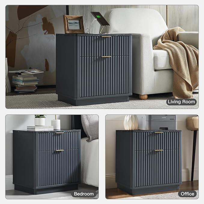 T4TREAM 23'' Fluted Nightstand with Charging Station, Large 2 Drawer Side Table, Modern End Table with Storage, Mid Century Bedside Table for Bedroom, Living Room, Curved Profile, Dark Grey