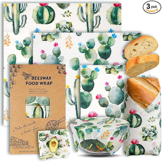 Reusable Beeswax Food Wraps (3-Pack) – Plastic-Free, Organic Cotton Covers with Cactus Pattern – Perfect for Sandwiches, Cheese, Fruit, Bowls & Bread – S/M/L Sizes