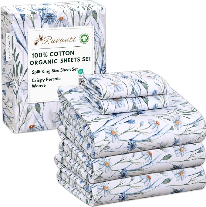 RUVANTI 100% Cotton Organic Percale Sheets Split King Size – Crisp Cooling Bed Sheets for Hot Sleepers, Deep Pocket 15”, Soft Peach Finish, Breathable & Durable Hotel-Style 5 Pcs, Daisy Bud