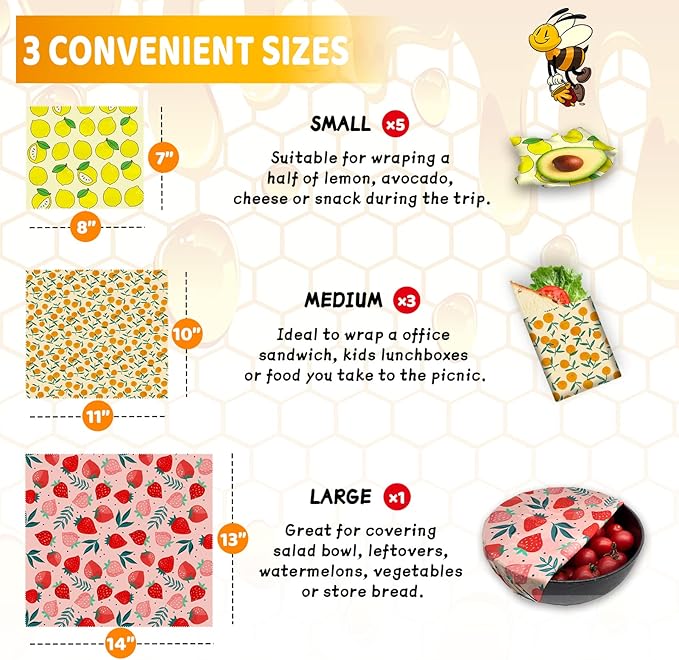 Reusable Beeswax Wrap - 9 Pack Eco-Friendly Beeswax Wraps For Food, Organic, Sustainable, Biodegradable, Zero Waste, Plastic-Free Food Storage, 1L Strawberry, 3M Orange, 5S Lemon Patterns