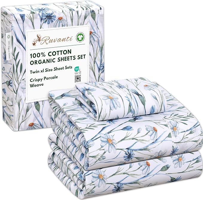 RUVANTI 100% Cotton Organic Percale Sheets Twin XL Size – Crisp Cooling Bed Sheets for Hot Sleepers, Deep Pocket 15”, Soft Peach Finish, Breathable & Durable Hotel-Style 3 Pcs, Daisy Bud