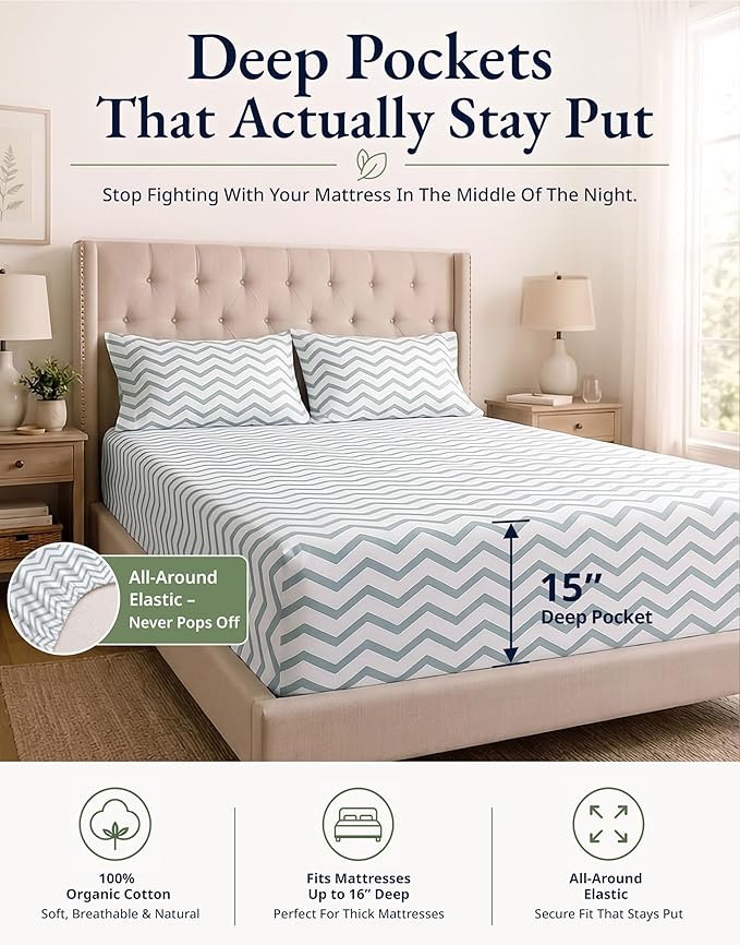 LANE LINEN 100% Organic Cotton Twin XL Fitted Sheet, 2-Piece Set (1 Fitted Sheet, 1 Pillowcase), Percale Weave, Lightweight, Soft, Breathable, Fits Mattress Upto 15' Deep - Cool Blue Chevron