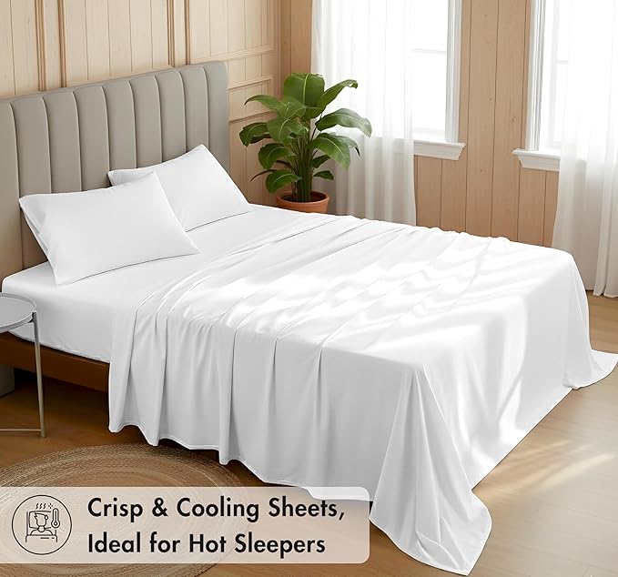 RUVANTI 100% Cotton Organic Percale Sheets Twin XL Size – Crisp Cooling Bed Sheets for Hot Sleepers, Deep Pocket 15”, Soft Peach Finish, Breathable & Durable Hotel-Style 3 Pcs, Bright White