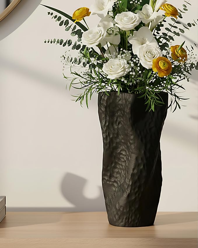 Black Matte Ceramic Vase, 9.9 Inch Organic Nature Shape, OOSTONEE Modern Wabi Sabi Decor Gothic Unique Flower Vase for Home, Living Room, Bedroom, Dining Table, Centerpiece Decor
