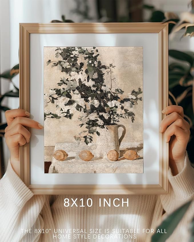 Vintage Flowers and Lemons Wall Art for Home Decor, Farmhouse Flowers and Lemons Wall Decor Canvas Artwork, Antique Muted Neutral Still Life Countryside Print Oil Painting for Bathroom, Living Room, Desktop Wall Decor - 8x10Inch Unframe