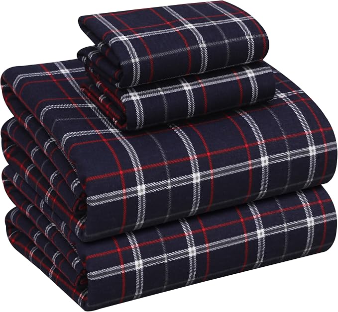 RUVANTI Flannel Sheets King Size - 100% Cotton Double Brushed King Size Sheets Set - Deep Pockets 16 Inches Bed Sheets - All Seasons Breathable & Extra Soft - Warm & Cozy, 4 Piece, Yankees Blue