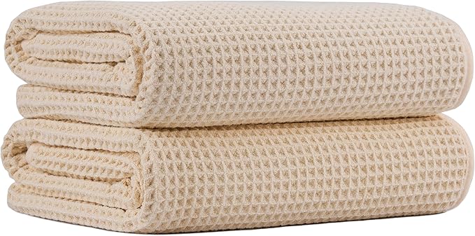 MICROFI New Microfiber Waffle Bath Towels, 2 Pieces, Oversized, Soft, Absorbent, Fast Drying, Lint Free 430 GSM (Champagne)