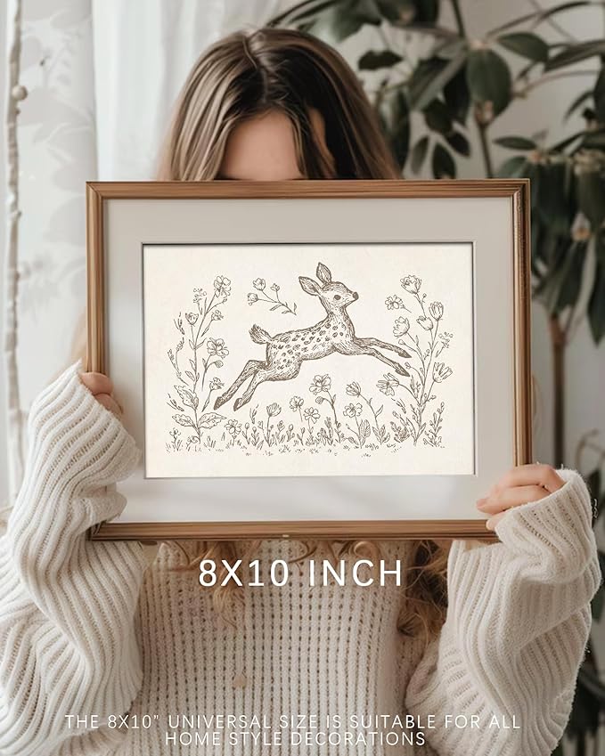 Vodefoad Fawn Sketch Vintage Wall Art Retro Nursery Jump Fawn Art Print Neutral Cottagecore Nursery Decor Farmhouse Rustic Deer Wall Decor for Gallery Nursery Bedroom Bathroom Office - 8x10Inch Unframe