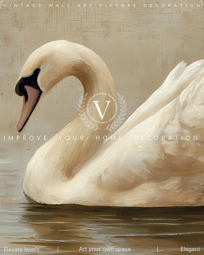 Vodefoad Vintage Swan Wall Art, Minimalist Elegant Swan Wall Decor, Neutral Animal Artwork Art Prints Room Decor, Cottagecore Autumn Classic Bird Art for Bedroom, Living Room, Bathroom, Lake House, 10x10 Inch