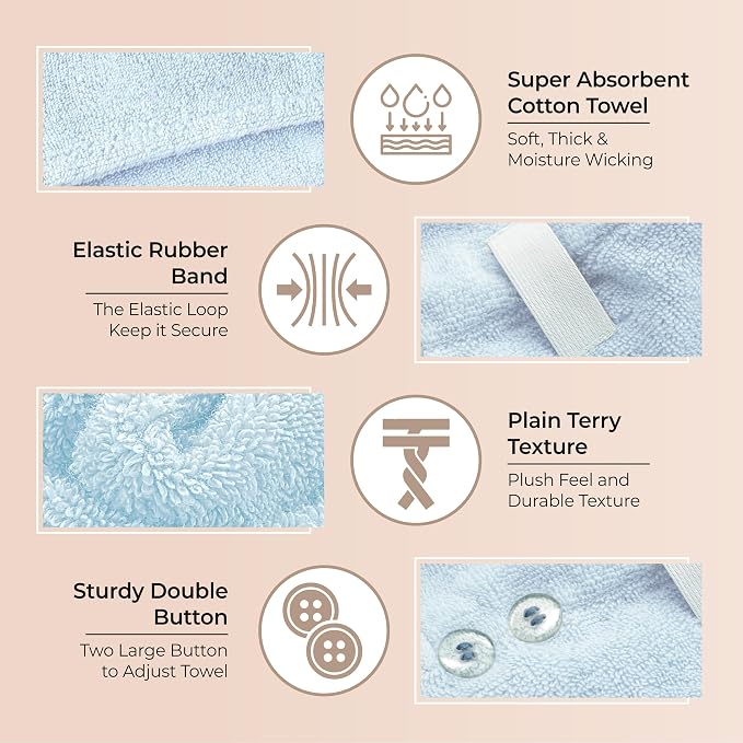 Lili&James 100% Cotton Hair Towel Wrap for Women & Kids – 420 GSM Quick Dry Hair Turban with Double Button Loop, Anti Frizz Non Microfiber Hair Drying Towel for Curly, Long & Thick Hair (Blue)