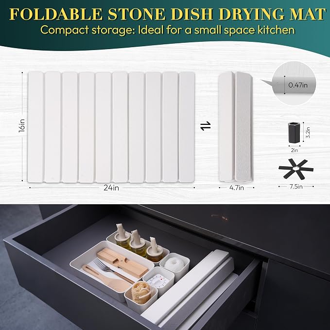 MessOut Stone Dish Drying Mat for Kitchen Countertop, 24x16” Fast Drying Diatomaceous Earth Dish Mat, Collapsible & Absorbent Drying Pad for Tableware, Minimalist Counter Protector