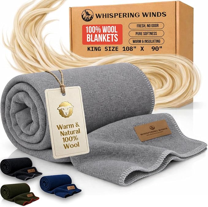 Whispering Winds 100% Wool Blanket, Premium King Size (108"x90") | Soft, Warm, Thick, Comfortable, For Bed, Couch, Home, Car, Camping, Outdoors, Survival
