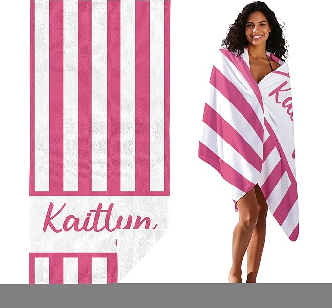 JML Personalized Beach Towel with Name, Custom Cabana Stripe Beach Towel, Customized Microfiber Pool Towel, Quick Dry & Absorbent Swim Towel for Adult,Anniversary, Birthday, Summer Holiday,Vacation