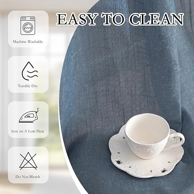MYSKY HOME Short Semi Sheer Curtains for Bedroom 63 Inches Long Light Filtering Privacy Drapes for Small Window Linen Look Boho Home Decor Curtain for Parties, 50" x 63", Dusty Blue, 2 Pieces