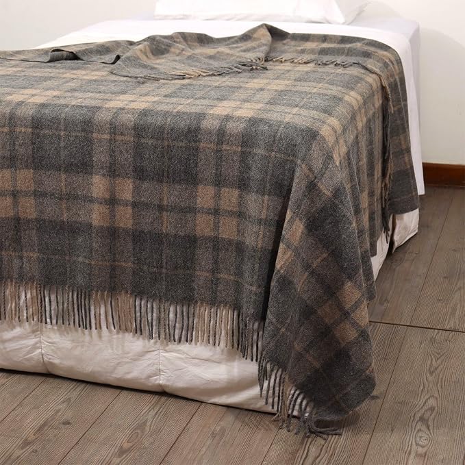 Superfine Alpaca Wool Throw Blanket - Lightweight Alpaca Merino Wool Throw Blankets | Soft Peruvian Alpaca Blanket Wool Blanket Scottish Design 70" x 60" (Grays/Tan)