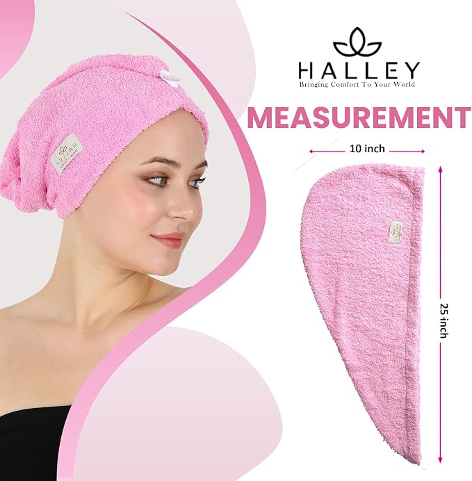 HALLEY Cotton Hair Towel Wrap (3 Packs) Super Absorbent Fast Drying Hair Towel for Thick Hair Turbans for Wet Hair with Button (Pink)