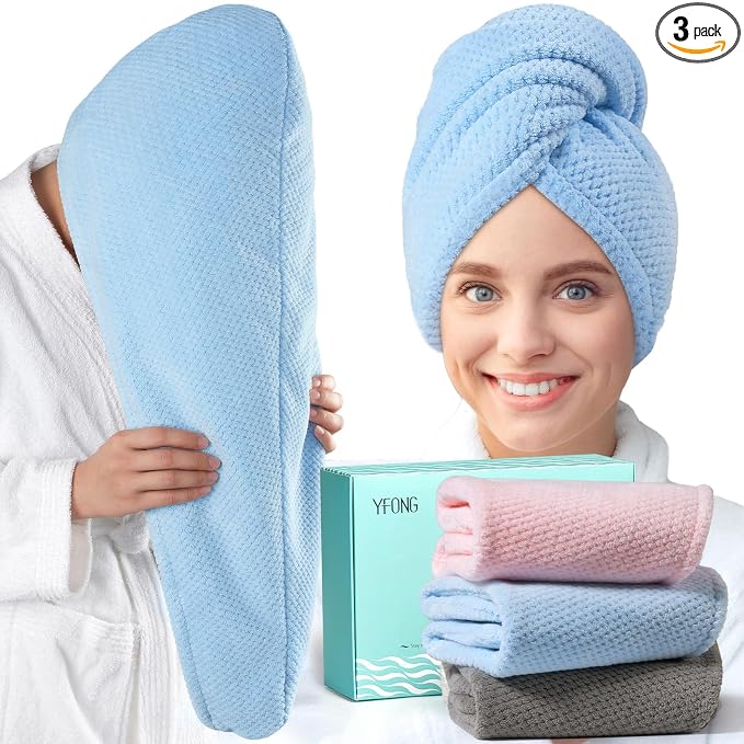 YFONG 3 Pack Large Microfiber Hair Towel Wrap, 30" x 10" Thicker Anti Frizz Quick Dry Hair Towels for Women Long, Curly, Thick Hair, Super Absorbent Hair Turban for Wet Hair (Grey, Pink, Blue)