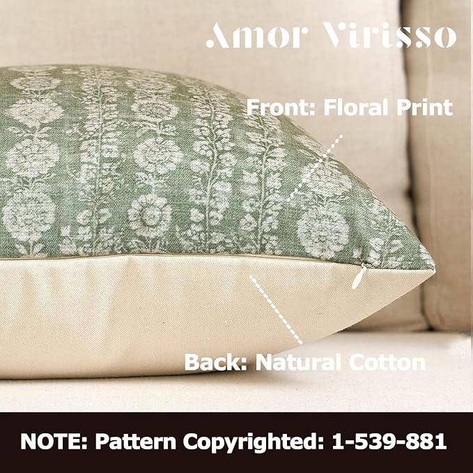 Amor Virisso Vintage Floral Throw Pillow Covers 20x20 Striped Farmhouse Block Print Pillow Cover Boho Neutral Decorative Pillows for Living Room Bed, Sage Green