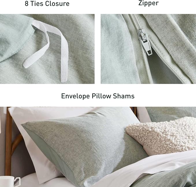 Hyde Lane Linen Duvet Cover Set King Size, 3Pcs Textured French Flax Linen Cotton Blend Bedding Set, Natural and Organic, Soft and Breathable, with 2 Pillow Shams, 104"x90", Sage