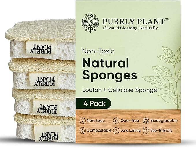 Purely Plant Loofah Dish Sponge 4 Pack– Loofah & Cellulose Premium Kitchen Scrubber, Non Toxic, 100% Plastic Free,Compostable & Biodegradable,Durable, Non-Scratch Scouring Luffa for Dishes, Sink&Tile