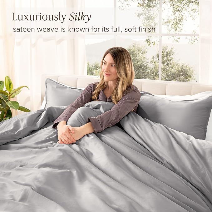 Bare Home 100% Organic Cotton Sateen Duvet Cover Set - Full/Queen Size - 400 Thread Count - Smooth Sateen Weave - Warm & Luxurious - Duvet Cover (Queen, Light Grey)