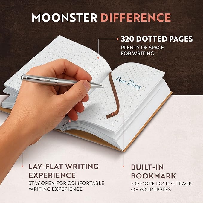 moonster Dot Grid Journal Notebook Paper for Refillable Leather Journals – A5 Hardcover 70gsm Dotted Notebooks for Work 8.25 x 5.75 Inches with 320 Page Refill Note Book and Helpful Bookmark