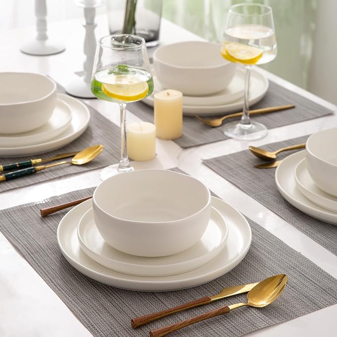 AmorArc Ceramic Dinnerware Sets, Wavy Rim Stoneware Plates and Bowls Sets,Dishwasher & Microwave & Oven Safe Dishes set, Service for 4 (12pc)-Matte Speckled White