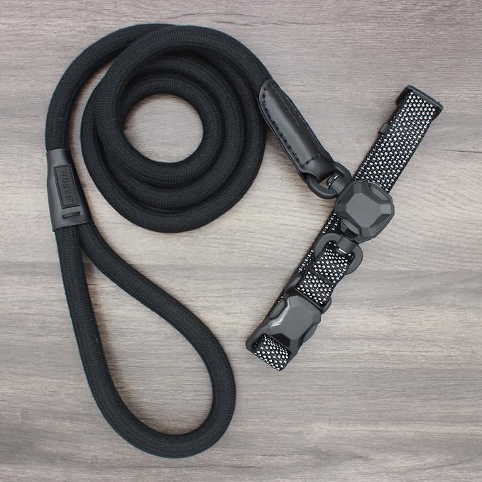 Quick Clip Dog Collar & Rope Leash Set, Sand Large – Magnetic Buckle, Reflective