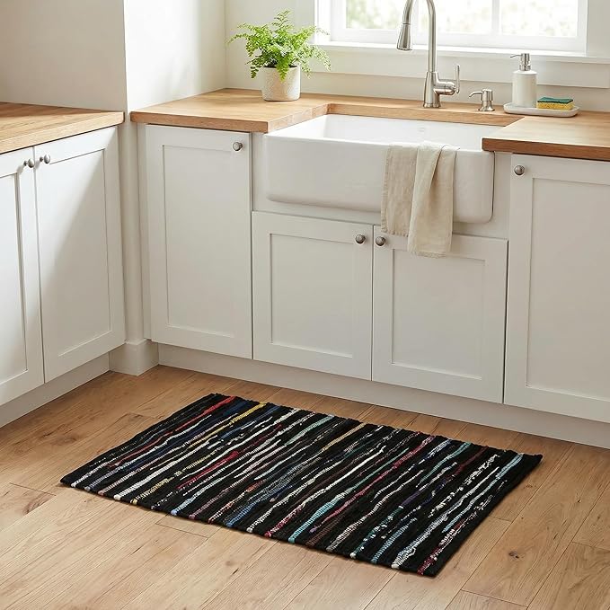 Cotton Hosiery Hand Woven Area Rug 2x3 Feet - Dark Multi, Accent Decorative Farmhouse Reversible Throw Indoor Carpet Ideal for Entryway, Kitchen, Laundry | Black Small Soft Floor Mat for Nursery