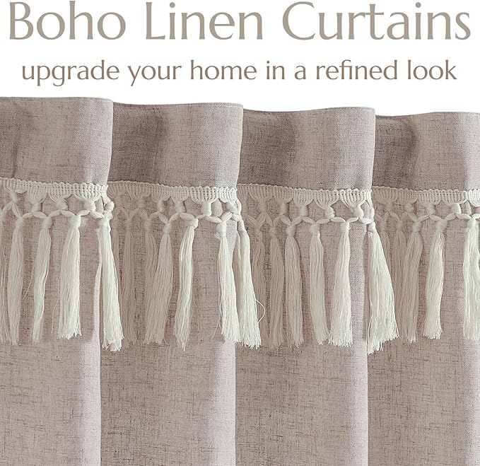 jinchan Linen Curtains for Living Room Bedroom Light Filtering Semi Sheer Curtains Boho Farmhouse French Country Cottage Core Decor Window Drapes Back Tab 96 Inch Length Tassel Taupe