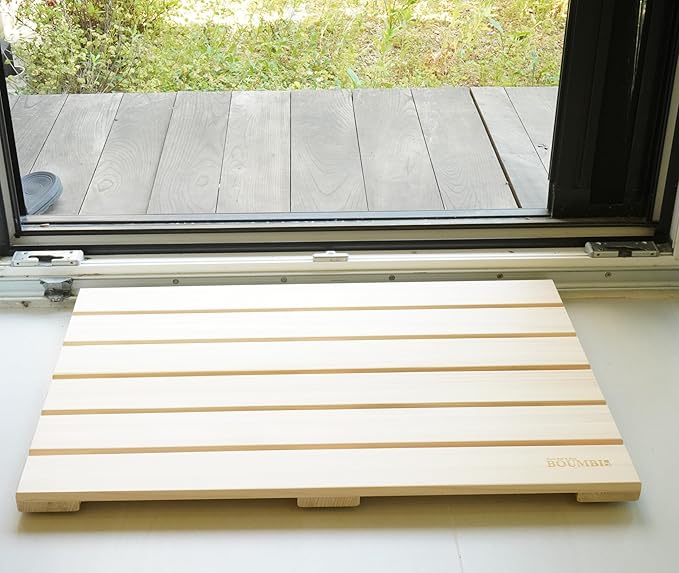 BOUMBI Hinoki Wood Bath Mat with Non-Slip Rubber Pad Cypress Wood Shower Mat (25.6 x 17 x 1 Inches)
