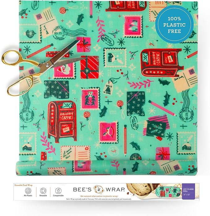 Bee's Wrap Beeswax Wraps for Food - Cut to Size 14x52" Beeswax Wrap Roll - Plastic Free Made in USA Reusable Natural Food Wrap - Seasons Greetings