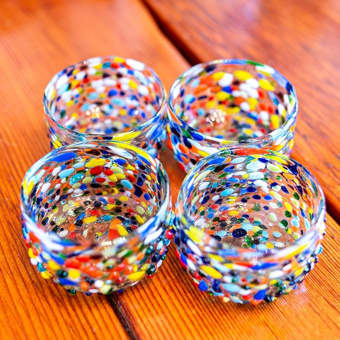 Mezcal Cups | Hand-Blown Glass, Artisan Crafted | Rainbow Confetti | Sipping Copitas perfect for Mezcal or Tequila | Set of 4