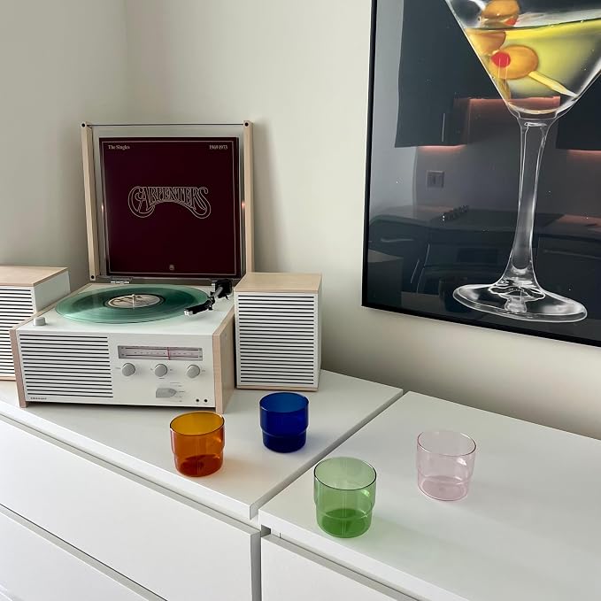 Set of 4 Colored Glass Cups (10oz) - Retro/Vintage Stackable Glassware - Juice, Coffee, Water, Cocktail Drinking Glasses/Cup/Tumbler (Green, Amber, Blue, Pink)
