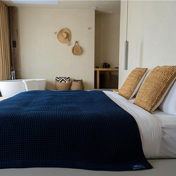 Luxury Organic Japanese Cotton Waffle Towelket Throw Blanket Bedspread for All Sleepers | Soft, Breathable and Thermoregulating (Ocean Blue, 67''x91'')