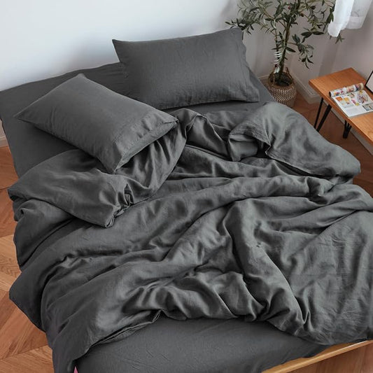 Sijo Stone Washed Organic French Linen Bed Sheet Set, GOTS Certified Organic, Best Cooling Linen Sheet Award by Sleep Foundation, 3 Piece - 2 Pillowcases and 1 Fitted Sheet (Storm, Cal King)