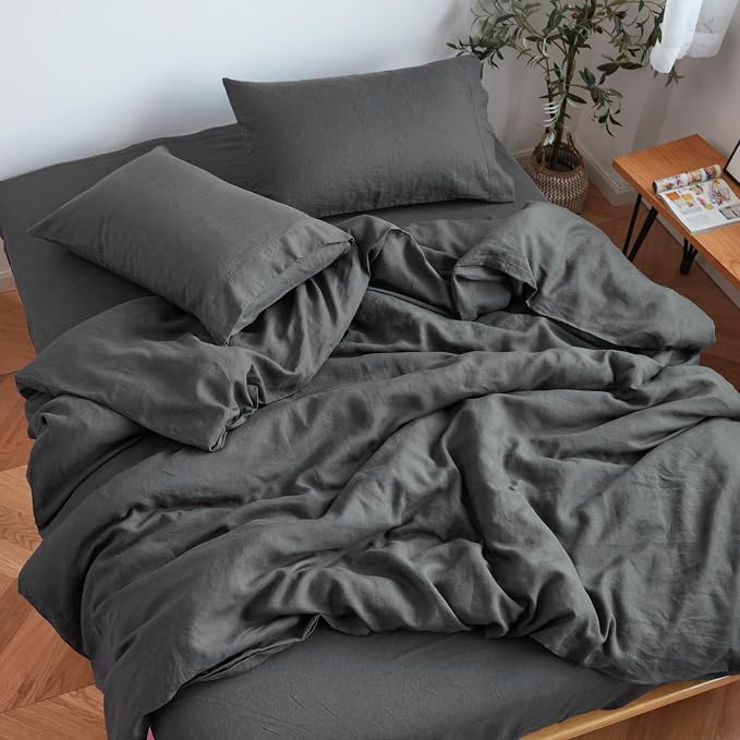 Sijo Stone Washed Organic French Linen Bed Sheet Set, GOTS Certified Organic, Best Cooling Linen Sheet Award by Sleep Foundation, 4 Piece - 2 Pillowcases, 1 Fitted and 1 Flat (Storm, Full)