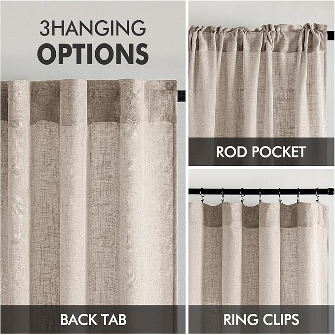 MIULEE Natural Linen Curtains 63 Inch Length 2 Panels for Bedroom Living Room, Soft Linen Textured Window Drapes Semi Sheer Light Filtering Back Tab Rod Pocket Farmhouse Modern Burlap Look Decor