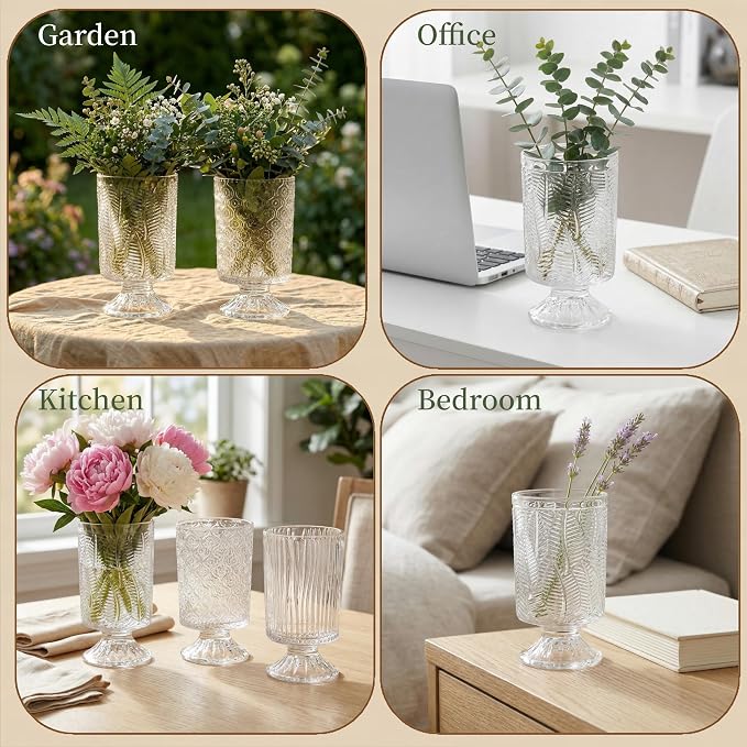 Pumtus 3 Pack Flower Vases for Centerpieces, Vintage Glass Pedestal Vase Set, Decorative Embossed Big Base Vase, Clear Hurricane Candle Holder, Medium Cylinder Vase for Wedding, Home, Party, Office