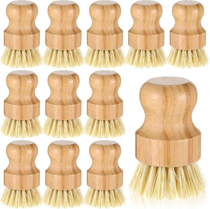 12 Pack Bamboo Dish Scrub Brushes Wooden Scrubbers Set Kitchen Palm Pot Brush Natural Bristle Dish Dishwashing Scrubber for Cleaning Vegetables Pots Pans Sinks Woks