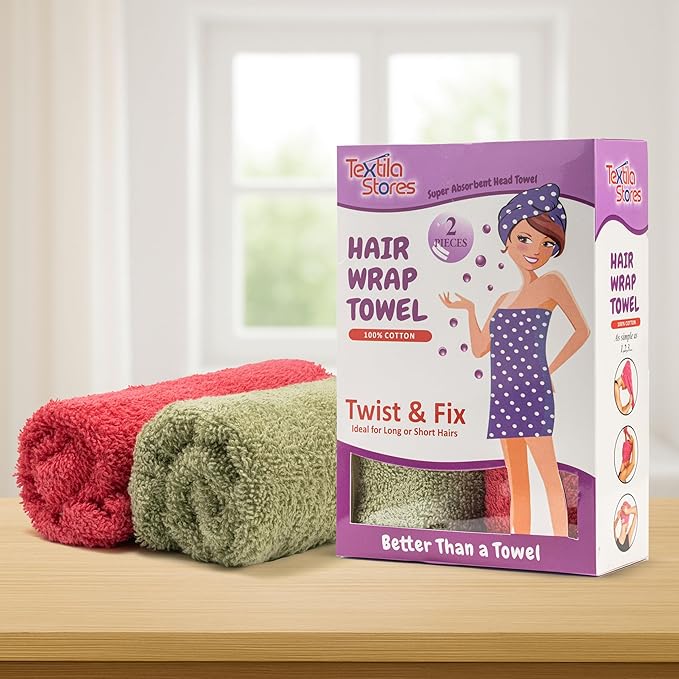 Textila 100% Cotton Hair Wrap Towels for Women (Pack of 2, Raspberry & Green) – Soft & Absorbent Turban Towels for Long, Curly, Frizz-Prone Hair