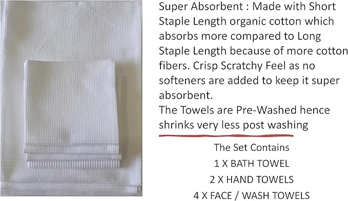 Bath Towel Set Waffle Organic Cotton GOTS Certified White Super ABSORBANT & Quick Dry NO SOFTENERS Environment Friendly 1xBATH 58x30.5, 2xHAND 29x20, 4xFACE 12x12 INCH